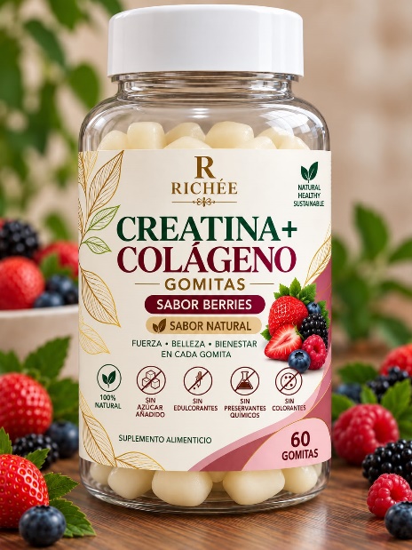 Gomitas de creatina y colágeno Richée, frasco de 60 unidades